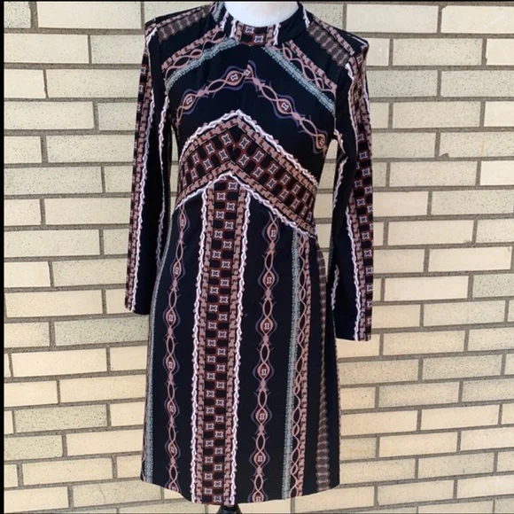 Free People Stella Black Patterned Mock Neck Lined Mini Dress - Picture 4 of 11